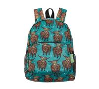 ECO CHIC Lightweight Foldable Water Resistant Mini Backpack Folds Into Pouch for Storage (Highland Cow Teal)