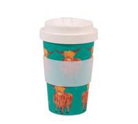 ECO CHIC Recycled Travel Coffee Cup 400ml Microwave Dishwasher Safe Plastic Travel Mug (Highland Cow Teal)