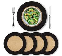 Eco Crave Jute Round Placemats Set of 4 - Hand Woven Natural Beige Jute with Black Rim, 13 Inch Farmhouse Rustic Dining Drawstring Table Mats, Wicker Heat Resistant Durable Eco-Friendly Table Decor