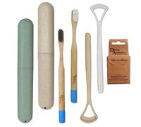 Eco Dental Care Kit ~ 2 Toothbrushes, 2 Cases, 2 Tongue Scraper & Floss (Green & White)