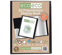 eco-eco A2 Size 50% Recycled 20 Pocket Black Presentation Display Book, Storage Case Portfolio Art Folder with Plastic Sleeves,eco007