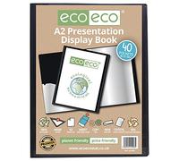 eco-eco A2 Size 50% Recycled 40 Pocket Black Presentation Display Book, Storage Case Portfolio Art Folder with Plastic Sleeves