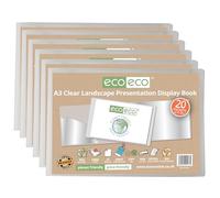 eco-eco A3 50% Recycled 20 Pocket Clear Landscape Presentation Display Book, Storage Case Portfolio Art Folder with Plastic Sleeves, Pack of 6, eco176x6