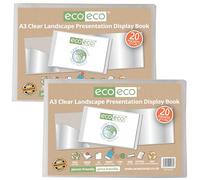 eco-eco A3 50% Recycled 20 Pocket Clear Landscape Presentation Display Book, Storage Case Portfolio Art Folder with Plastic Sleeves, Pack of 2, eco176x2