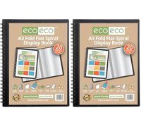 eco-eco A3 90% recycled 20 pocket Fold Flat Spiral Bound display book, eco186, Black (Pack of 2)