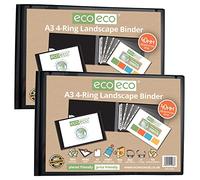 eco-eco A3 95% Recycled 4-D Landscape Ring Binder File Folder Black, Artwork Portfolio, Pack of 2 Folders, eco088x2