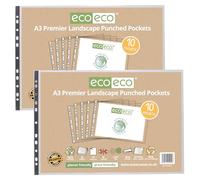 eco-eco A3 Landscape 100% Recycled Premier Multi Punched Pockets Glass Clear, Transparent Poly Wallet Sheet Protector, 20 Wallets, 90 Microns (2 Pack of 10), eco014x2