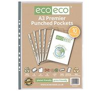 eco-eco A3 Portrait 100% Recycled Premier Multi Punched Pockets Glass Clear, Transparent Poly Wallet Sheet Protector, 90 Microns (Pack Of 10), eco013