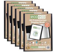 eco-eco A3 Size 50% Recycled 20 Pocket Black Presentation Display Book, Storage Case Portfolio Art Folder with Plastic Sleeves, Pack of 6, eco005x6
