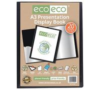 eco-eco A3 Size 50% Recycled 20 Pocket Black Presentation Display Book, Storage Case Portfolio Art Folder with Plastic Sleeves