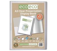 eco-eco A3 Size 50% Recycled 20 Pocket Clear Presentation Display Book, Storage Case Portfolio Art Folder with Plastic Sleeves, eco100