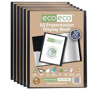 eco-eco A3 Size 50% Recycled 30 Pocket Black Presentation Display Book, Storage Case Portfolio Art Folder with Plastic Sleeves, Pack of 6, eco198x6