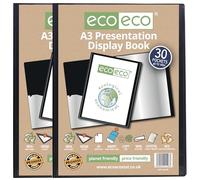 eco-eco A3 Size 50% Recycled 30 Pocket Black Presentation Display Book, Storage Case Portfolio Art Folder with Plastic Sleeves, Pack of 2, eco198x2