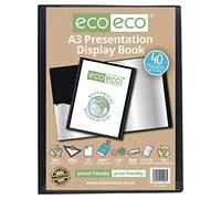 eco-eco A3 Size 50% Recycled 40 Pocket Black Presentation Display Book, Storage Case Portfolio Art Folder with Plastic Sleeves