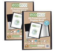 eco-eco A3 Size 50% Recycled 40 Pocket Black Presentation Display Book, Storage Case Portfolio Art Folder with Plastic Sleeves, Pack of 2 Folders, eco006x2