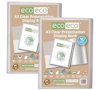 eco-eco A3 Size 50% Recycled 40 Pocket Clear Presentation Display Book, Storage Case Portfolio Art Folder with Plastic Sleeves, Pack of 2 Folders, eco101