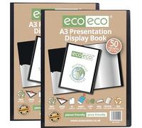eco-eco A3 Size 50% Recycled 50 Pocket Black Presentation Display Book, Storage Case Portfolio Art Folder with Plastic Sleeves, Pack of 2, eco199x2