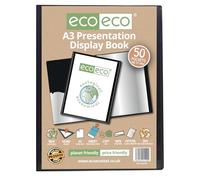 eco-eco A3 Size 50% Recycled 50 Pocket Black Presentation Display Book, Storage Case Portfolio Art Folder with Plastic Sleeves, eco199