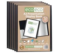 eco-eco A3 Size 50% Recycled 50 Pocket Black Presentation Display Book, Storage Case Portfolio Art Folder with Plastic Sleeves, Pack of 6, eco199x6