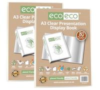eco-eco A3 Size 50% Recycled 80 Pockets Clear Presentation Display Book, Storage Case Portfolio Art Folder with Plastic Sleeves, Pack of 2 eco153x2