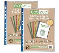 eco-eco A4 100% Recycled Coloured Spine Multi Punched Pockets Glass Clear, Transparent Poly Wallet Sheet Protector, 45 Microns, 100 pcs (2X 50 Pockets), eco107x2
