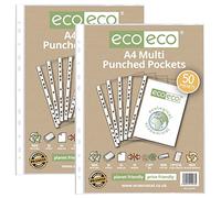 eco-eco A4 100% Recycled Multi Punched Pockets Glass Clear, Transparent Poly Wallet Sheet Protector, 45 Microns (Pack of 50 x2), eco076x2
