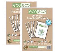 eco-eco A4 100% Recycled Multi Punched Pockets Glass Clear, Transparent Poly Wallet Sheet Protector, 45 Microns, 2 Packs of 100 Wallets, eco010x2