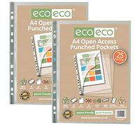 eco-eco A4 100% Recycled Premier Multi Punched Pockets Glass Clear, Open Top and Side, Transparent Poly Wallet Sheet Protector, 90 Microns (Pack of 50), eco059x2, Grey