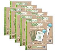 eco-eco A4 100% Recycled Premier Multi Punched Pockets Glass Clear, Transparent Poly Wallet Sheet Protector, 65 Microns (10 Packs of 100), 1000 Wallets, eco113x10