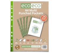 eco-eco A4 100% Recycled Premier Multi Punched Pockets Glass Clear, Transparent Poly Wallet Sheet Protector, 65 Microns (Pack of 25), eco147