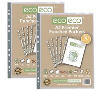 eco-eco A4 100% Recycled Premier Multi Punched Pockets Glass Clear, Transparent Poly Wallet Sheet Protector, 90 Microns, 100 Wallets (2 Packs of 50), eco108x2