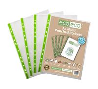 eco-eco A4 100% Recycled Premier Multi Punched Pockets Glass Clear, Transparent Poly Wallet Sheet Protector, 65 Microns (2 Packs of 100), 200 Wallets, eco113x2