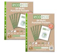 eco-eco A4 100% Recycled Premier Multi Punched Pockets Glass Clear, Transparent Poly Wallet Sheet Protector, 65 Microns (2 Packs of 25), eco147x2