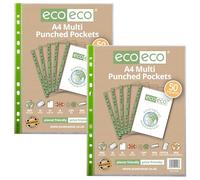 eco-eco A4 100% Recycled Premier Multi Punched Pockets Glass Clear, Transparent Poly Wallet Sheet Protector, 65 Microns (2 Packs of 50), eco148x2