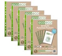 eco-eco A4 100% Recycled Premier Multi Punched Pockets Glass Clear, Transparent Poly Wallet Sheet Protector, 65 Microns (5 Packs of 100), 500 Wallets, eco113x5