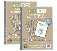eco-eco A4 100% Recycled Premier Multi Punched Pockets Glass Clear, Transparent Poly Wallet Sheet Protector, 90 Microns (2 Packs of 100), eco057x2