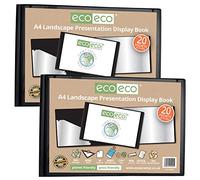 eco-eco A4 50% Recycled 20 Pocket Black Landscape Presentation Display Book, Storage Case Portfolio Art Folder with Plastic Sleeves, (Pack of 2), eco095x2