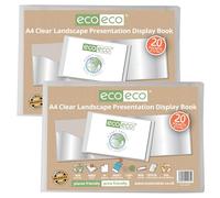eco-eco A4 50% Recycled 20 Pocket Clear Landscape Presentation Display Book, Storage Case Portfolio Art Folder with Plastic Sleeves, Pack of 2, eco175x2