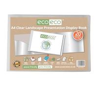 eco-eco A4 50% Recycled 20 Pocket Clear Landscape Presentation Display Book, Storage Case Portfolio Art Folder with Plastic Sleeves, eco175