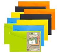 eco-eco A4+ 50% Recycled Assorted Colours Press Stud Popper Wallet, Plastic Folders (Pack of 10), Green, Black, Blue, Yellow, Orange, eco035x2