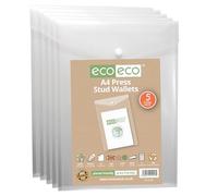 eco-eco A4 50% Recycled Clear Transparent Portrait Press Stud Popper Wallet, Plastic Folders 330x235mm (Pack of 5), 200mic, eco157