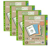 eco-eco A4 50% Recycled Multipunched Reinforced Colour January - December Subject Index Extra Wide File Dividers 200mic (Pack of 4), eco082x4