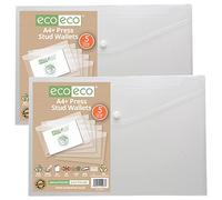 eco-eco A4+ 95% Recycled Clear Transparent Press Stud Popper Wallet, Plastic Folders (Pack of 10), eco033x2