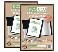 eco-eco A4 Size 50% Recycled 20 Pocket Black Presentation Display Book, Storage Case Portfolio Art Folder with Plastic Sleeves, (Pack of 2), eco003x2