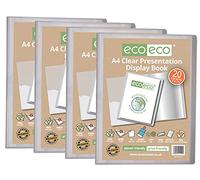 eco-eco A4 Size 50% Recycled 20 Pocket Clear Presentation Display Book, Storage Case Portfolio Art Folder with Plastic Sleeves, (Pack of 4) eco110x4