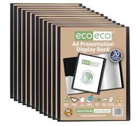 eco-eco A4 Size 50% Recycled 30 Pocket Black Presentation Display Book, Storage Case Portfolio Art Folder with Plastic Sleeves, Pack of 12, eco196x12