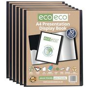 eco-eco A4 Size 50% Recycled 30 Pocket Black Presentation Display Book, Storage Case Portfolio Art Folder with Plastic Sleeves, Pack of 6, eco196x6