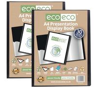 eco-eco A4 Size 50% Recycled 30 Pocket Black Presentation Display Book, Storage Case Portfolio Art Folder with Plastic Sleeves, Pack of 2, eco196x2