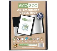eco-eco A4 Size 50% Recycled 30 Pocket Black Presentation Display Book, Storage Case Portfolio Art Folder with Plastic Sleeves, eco196