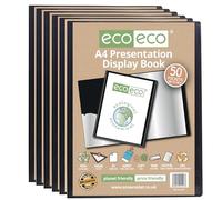 eco-eco A4 Size 50% Recycled 50 Pocket Black Presentation Display Book, Storage Case Portfolio Art Folder with Plastic Sleeves, Pack of 6, eco197x6